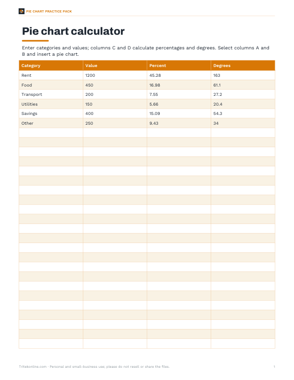 Preview of Printable Pie Chart Calculator